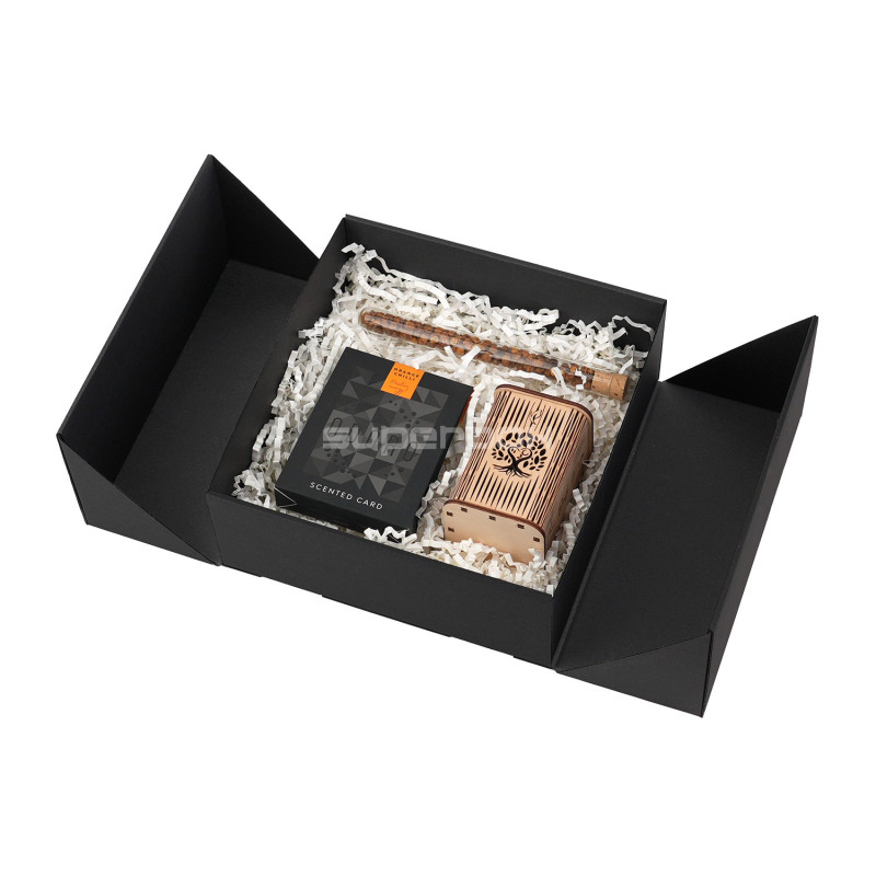 Square Black Double Door Gift Box with Integrated Satin Ribbon