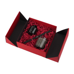 Square double door red gift box with integrated satin ribbon - packaging example, 220x220x90 mm