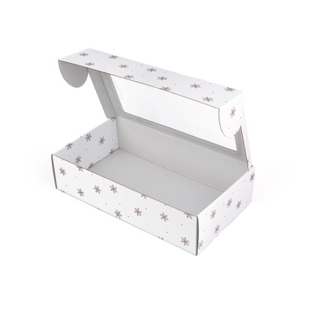 Hvid gaveæske med gyldne snefnug og vindue