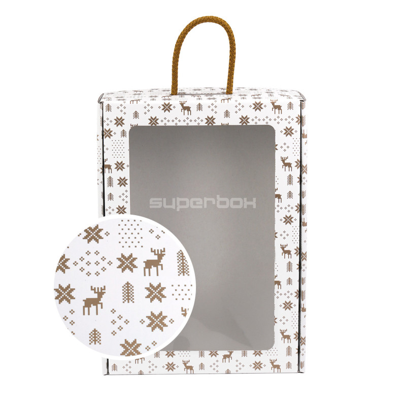 White suitcase style gift box with winter patterns and window, 240x350x90 mm