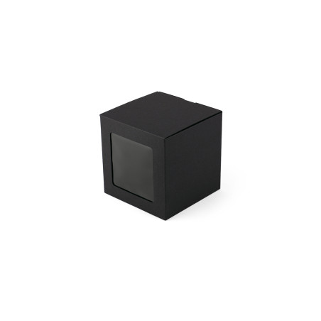 Black cube-shaped gift box with a clear PVC window, 120×120×120 mm