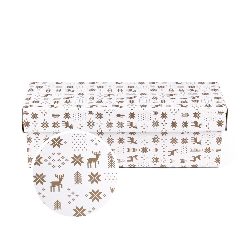 Hvid vandret gaveæske med klaplåg og vintermønstre, 335x115x115 mm