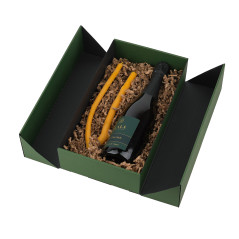 Green double door box with integrated satin ribbon - packaging example, 340x190x85 mm