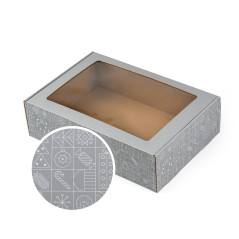 Grey Christmas gift box with a clear PVC window and festive white pattern, 305×215×85 mm