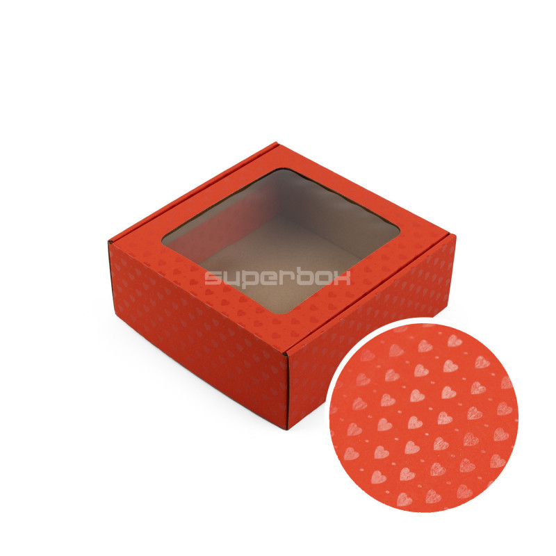 Red gift box with window and heart pattern, 185x195x75 mm Red gift box with window and heart pattern, 185x195x75 mm