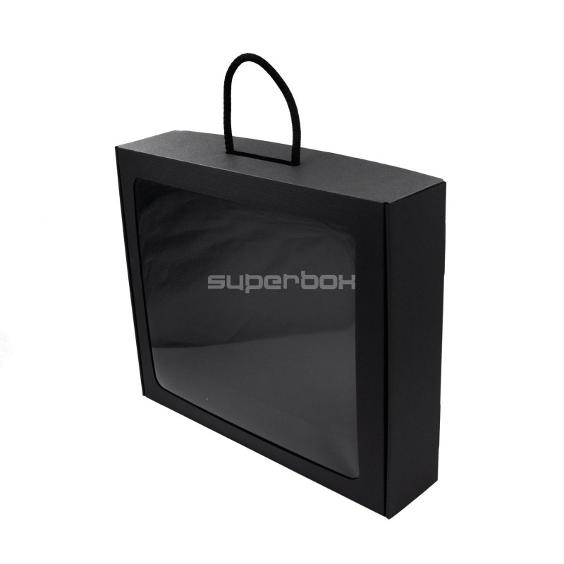 Sort stor gaveæske af kuffert-typen med vindue og håndtag