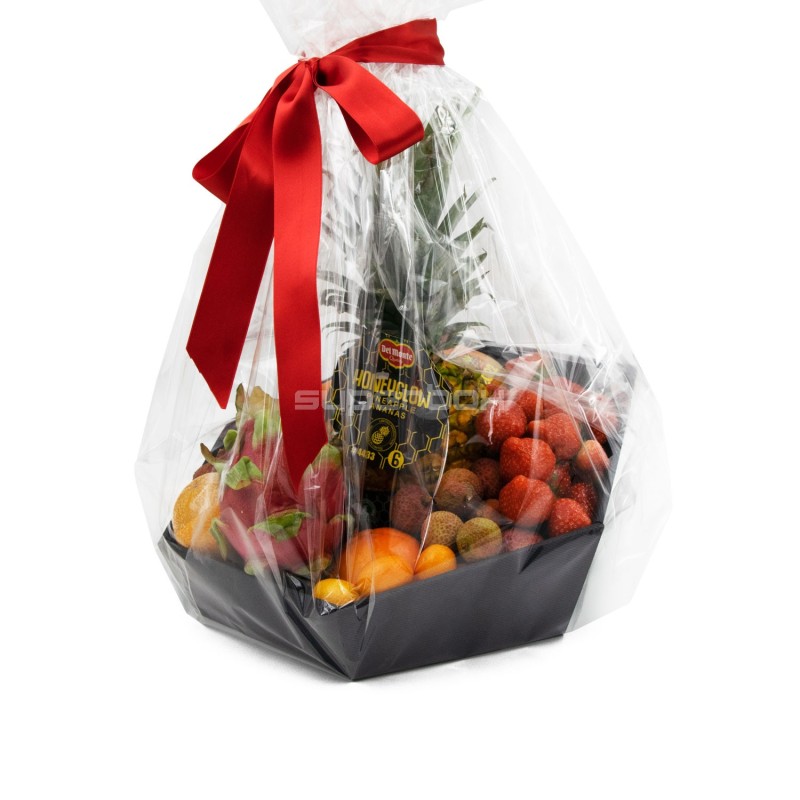 Sort bakke med åbne bølger til frugt, lavet af pap
