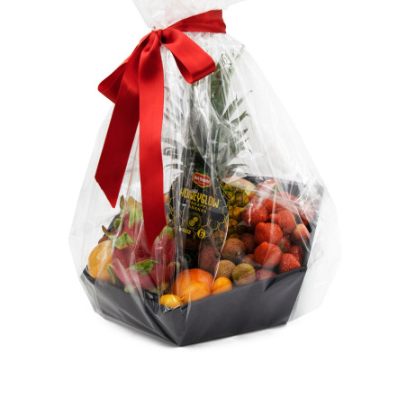 Sort bakke med åbne bølger til frugt, lavet af pap