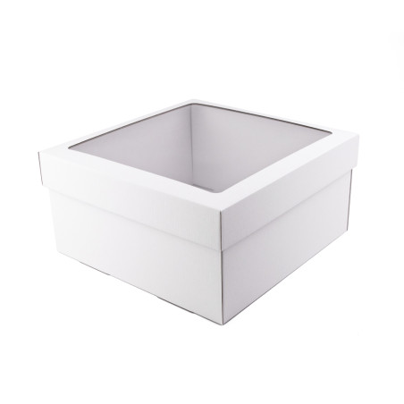 Hvid stor kvadratisk æske med PVC-vindue | 300x300x150 mm | Superbox