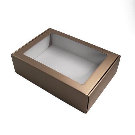 Dæmpet guld A4 gaveæske med PVC-vindue | 305x215x85 mm | Superbox