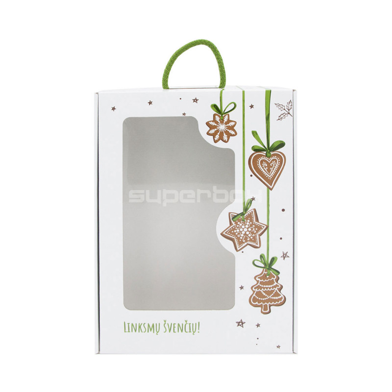 White Christmas gift box with green handle