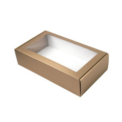 Dæmpet guld gaveæske med klart vindue | 340x195x85 mm | Superbox