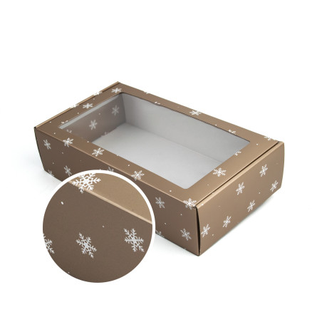 Guld gaveæske med vindue og snefnug | 340x195x85 mm | Superbox