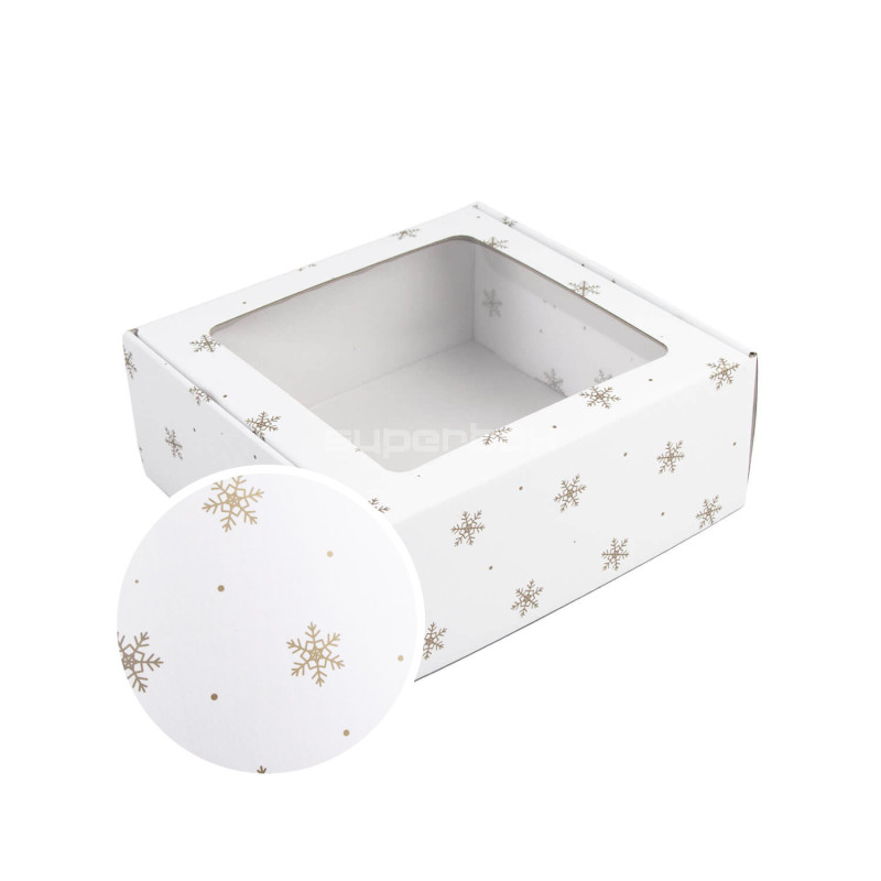 Hvid kvadratisk gaveæske med snefnug | 220x220x90 mm | Superbox