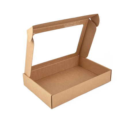 Brun gaveæske med PVC-vindue, højde 5 cm