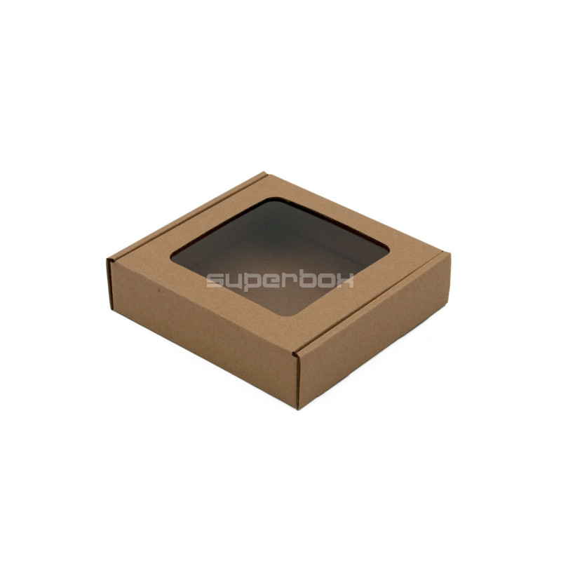 Brun firkantet æske med klart vindue | 120x120x30 mm | Superbox
